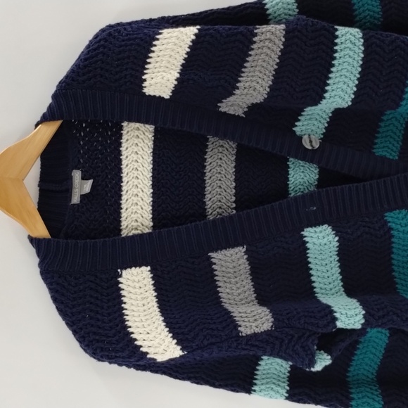 Falls Creek blue green color block stripe button cardigan sweater large XL - Picture 2 of 9